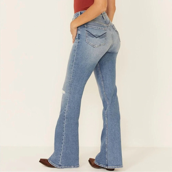 Women's Light Blue Distressed Flare Jeans - Picture 2 of 10